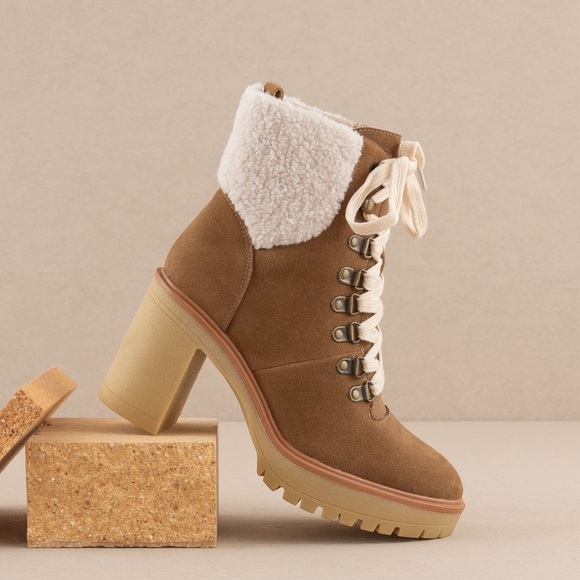 Heeled Platform Lace Up Sherpa Boots - Oasis Society - Picture 3 of 5